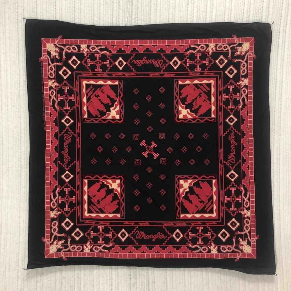 Vintage Wrangler Bandana Black Red Southwestern Geometric Print Made in USA